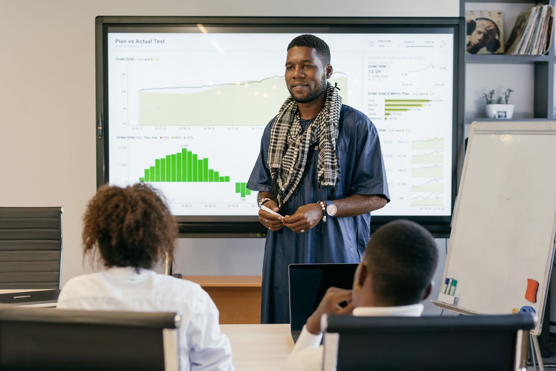 A diverse team in a business presentation in a modern office setting